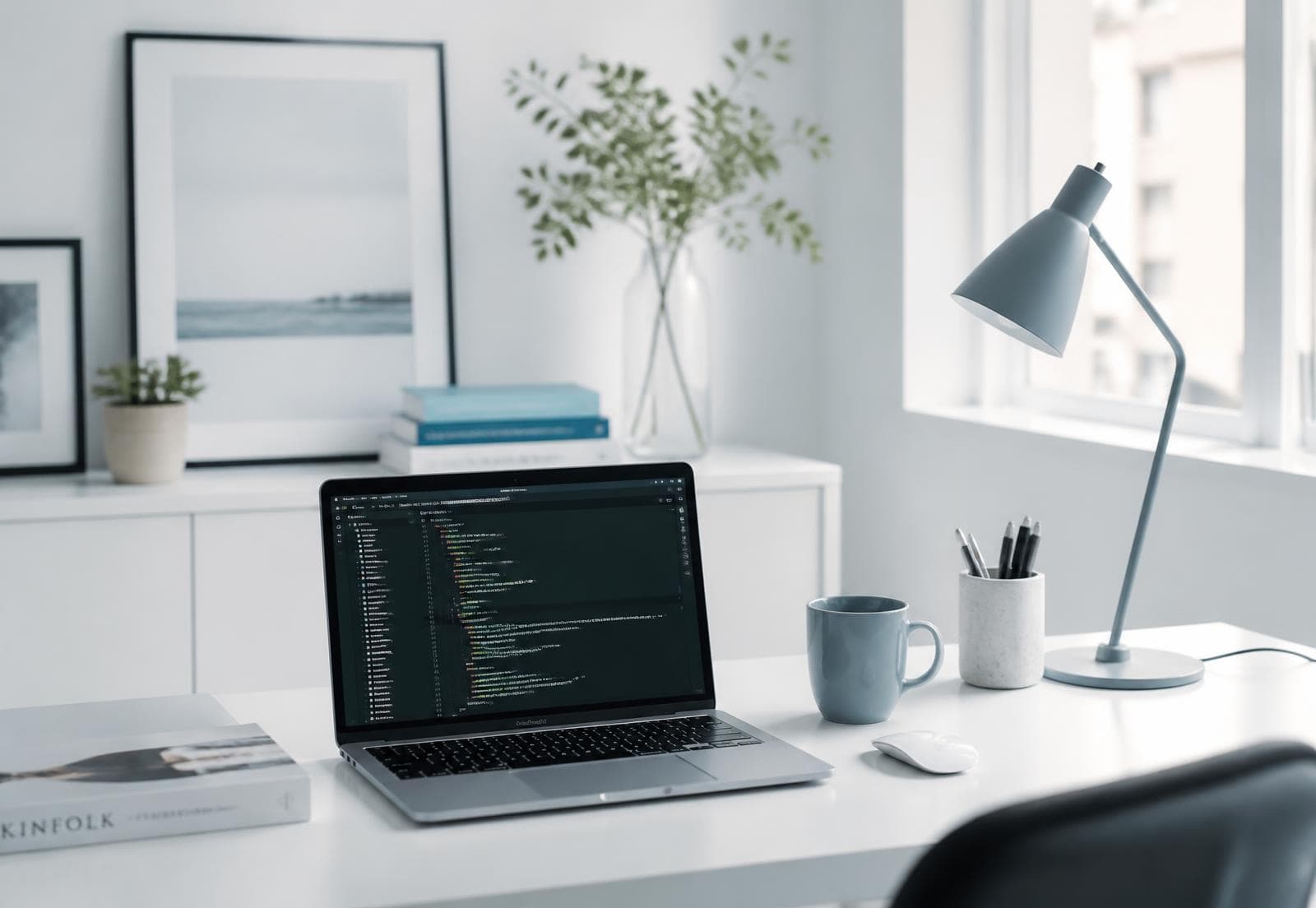 A bright minimal desk with a laptop showing code, lit by soft daylight
